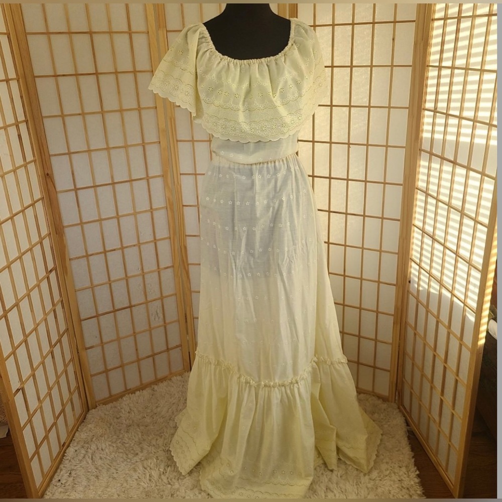Vintage 70s Handmade Cotton Floral Eyelet Lace Prairie Dress